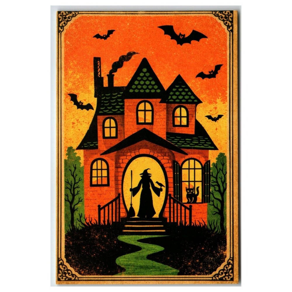 Vintage Style Haunted House Halloween Postcard Witch Black Cat Bats Spooky